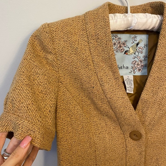 Anthropologie Tabitha Wool Blend Mustard Yellow Gold Tweed Short Sleeve Blazer - Picture 6 of 12